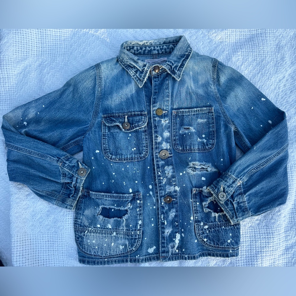 Kids Blue Denim Jacket with Artistic Splatter